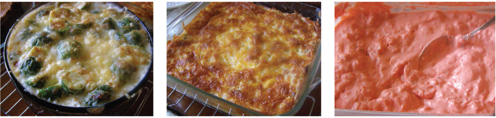 Thanksgiving Menu Brussels Sprout Gratin Baked Potato Casserole Fruit Jello Salad