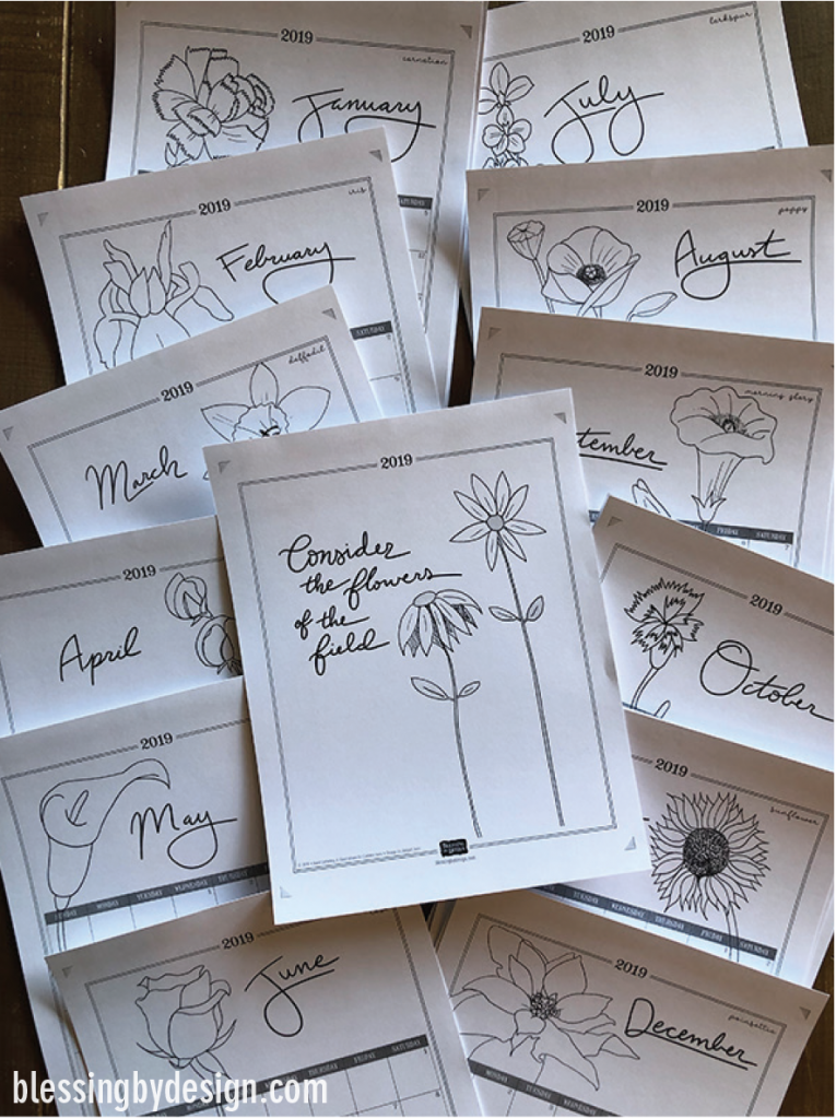 2019 Free Colorable Botanical Calendar